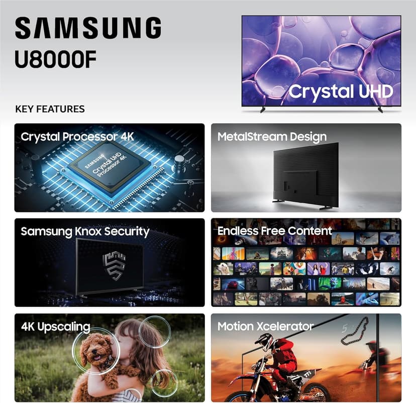 Samsung 50-Inch Class Crystal UHD U8000F 4K Smart TV (2025 Model) Endless Free Content, Crystal Processor 4K, MetalStream Design, Knox Security, Alexa Built-in