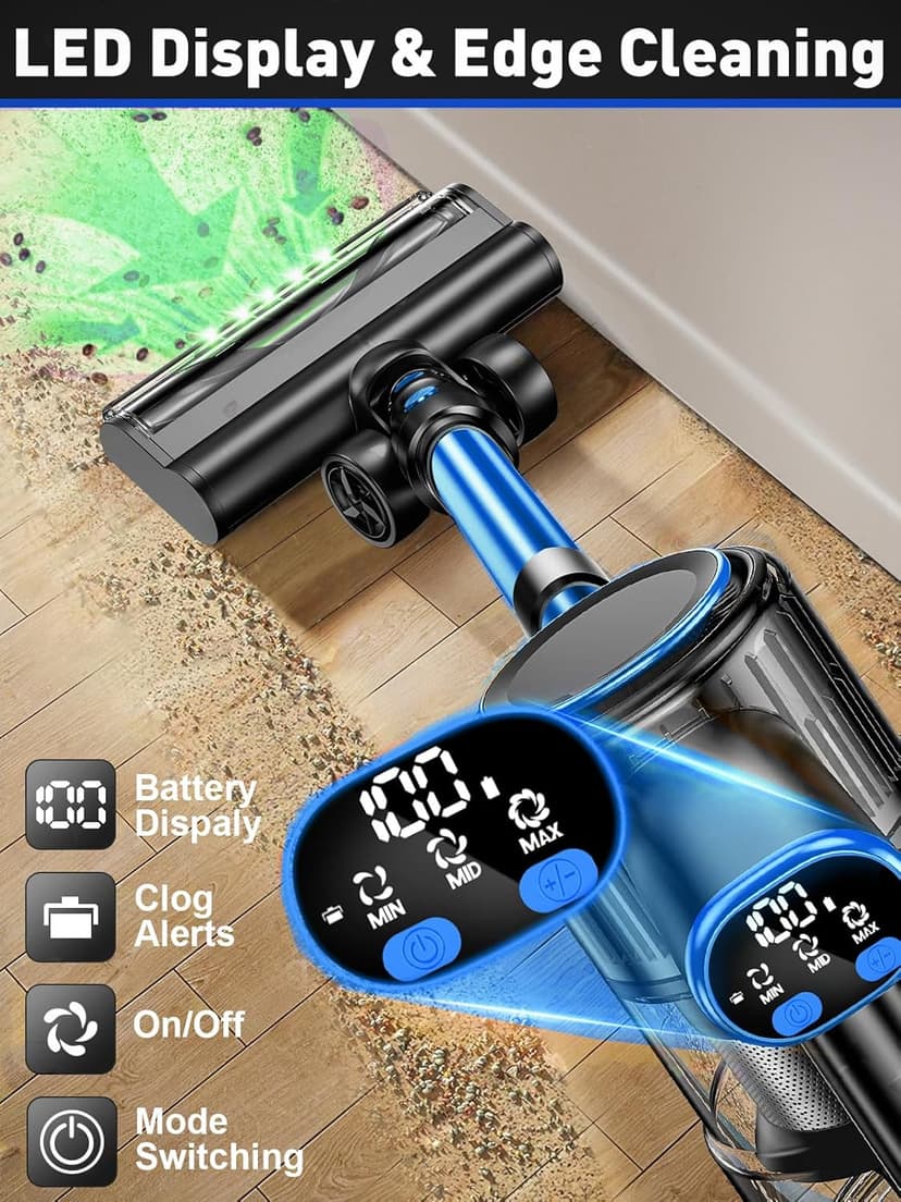 Cordless Vacuum Cleaner, 45KPA 8 in 1 Lightweight Vacuum Cleaners for Home, 50Mins Anti-Tangle Stick Vacuum, LED Display, Rechargeable Vacuum for Pet Hair/Carpet/Floor (Blue)