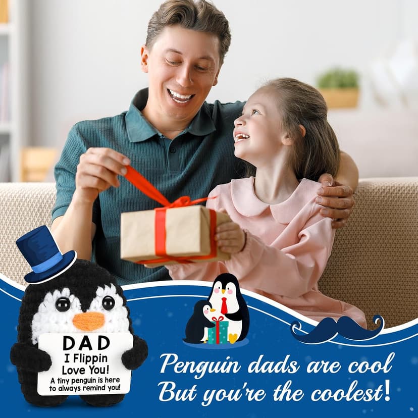 Gifts for Dad from Daughter Son Wife, Handmade Crochet Mini Penguin Christmas Birthday Gifts for Dad Bonus Step Fathers, Funny I Love You Gift for Dads Christmas Stocking Stuffers Emotional Cute Decor