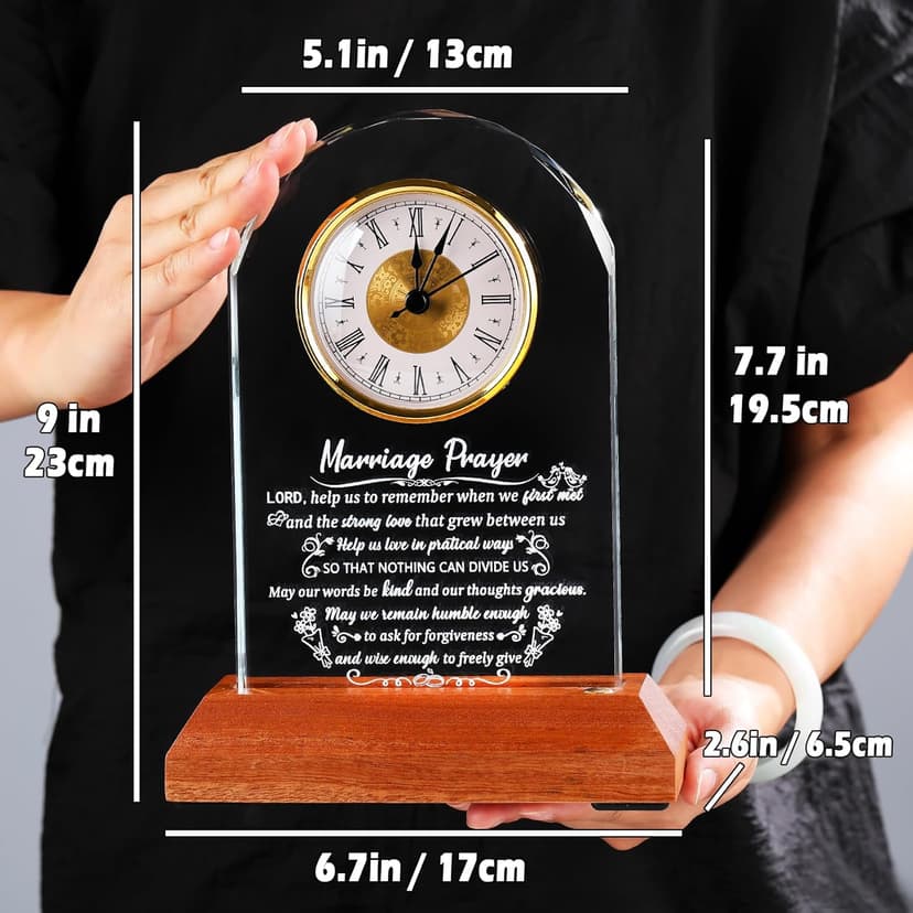 Glass Clock Wedding Gifts for Couples 2025 with Wooden Light Base, Happy Anniversary Marriage Prayer Gift with Inspiring Quotes, Unique Newlywed Mr and Mrs Gifts, Engagement Presents for Home