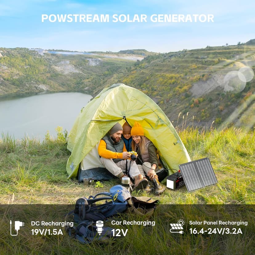 POWSTREAM 24000mAh Solar Generator with AC Outlet 120W Peak, 88.8Wh Portable Power Station with Panels 21W Included and Camping Lantern 248LM, Solar Powered Power Bank for Outdoor Camping Home Backup