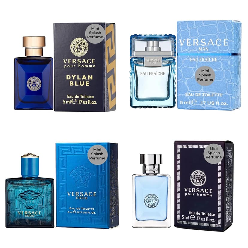Versace Cologne for Men Set of 4 Mini Eros, Pour Homme, Dylan Blue, Eau Fraiche Perfume for Men Fragrance Sampler Set - Designer Mens Cologne Samples (4 Count, 0.17 oz)