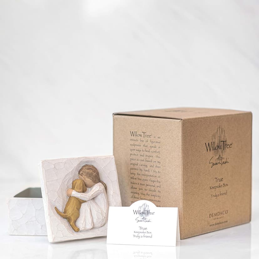 Willow Tree True, Truly a Friend, Box for Jewelry and Treasures with Bas-Relief Carving of Girl with Puppy Dog, Sculpted Hand-Painted Keepsake Box