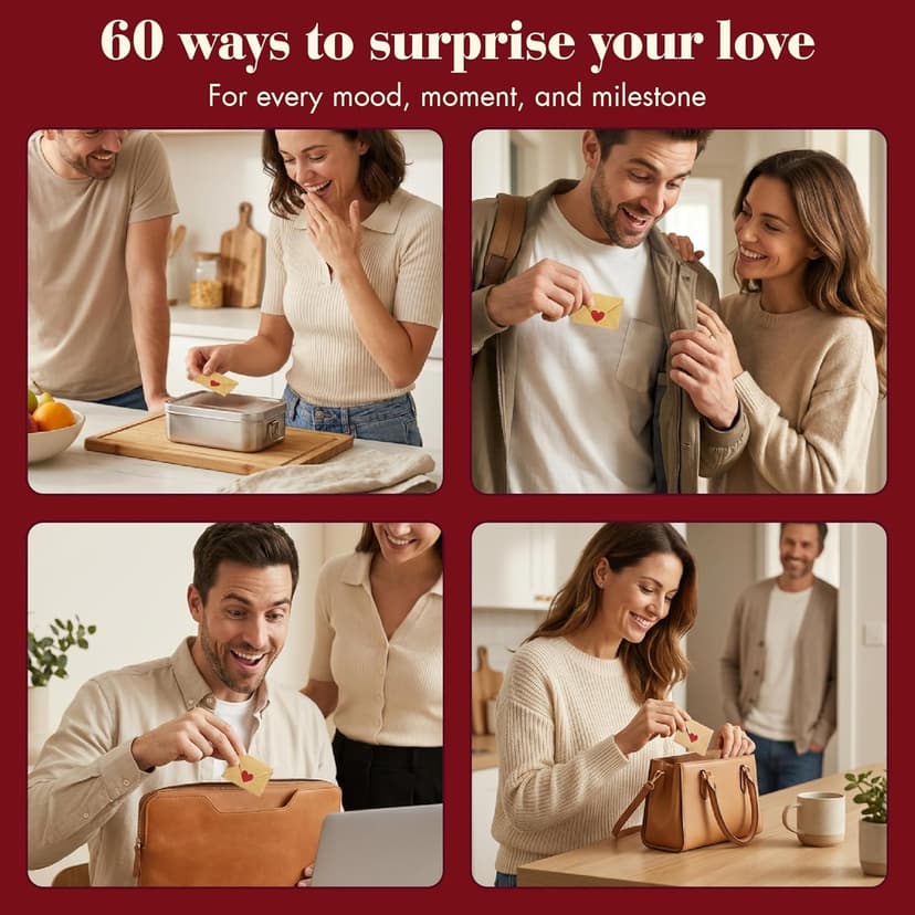 60 Love Notes For Him Her - Anniversary Card Long Distance Relationship Gifts For Boyfriend Girlfriend, Cute Couple Gifts For Valentines, Birthday, Mini Envelope Lunch Notes For Husband Wife