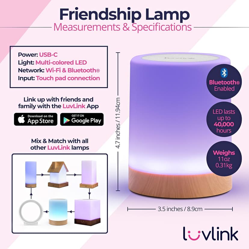 Friendship Lamps by LuvLink – No Subscription WiFi Touch Lamp for Long Distance Relationships, Couples, Friends & Family - Gift Ready (Set of Two)