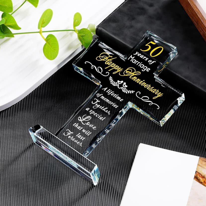 YWHL 50th Wedding Anniversary Religious Cross Gifts for Women Men, 50 Year Anniversary Romantic Gift for Him Her, Laser Engraved Glass Standing Cross Keepsake for Couple, 50 Years of Marriage Present