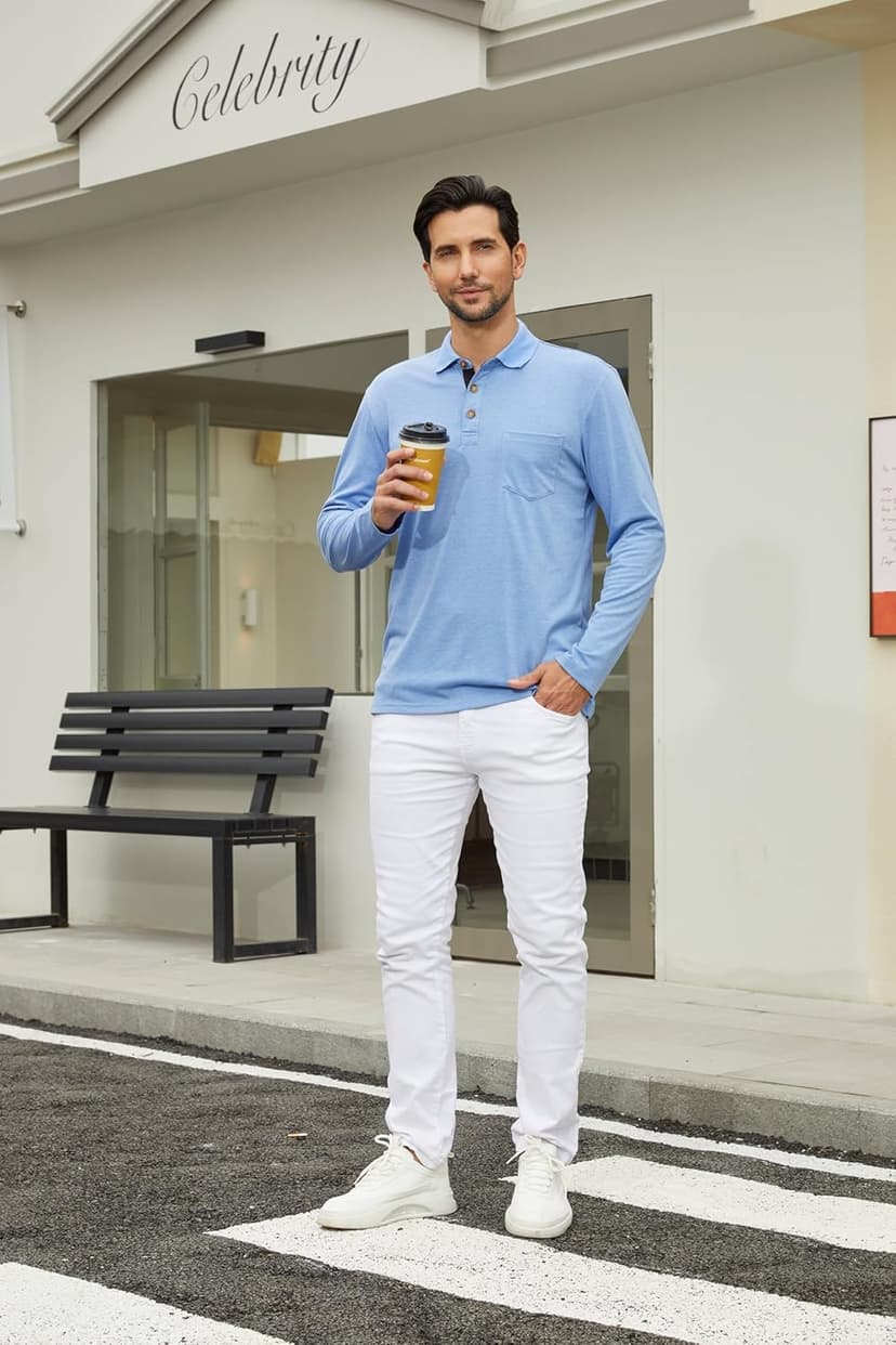 Qekoma Men's Casual Polo Shirts Classic Button Basic Long Sleeve Shirt Solid Color Cotton Tees Stylish Tops