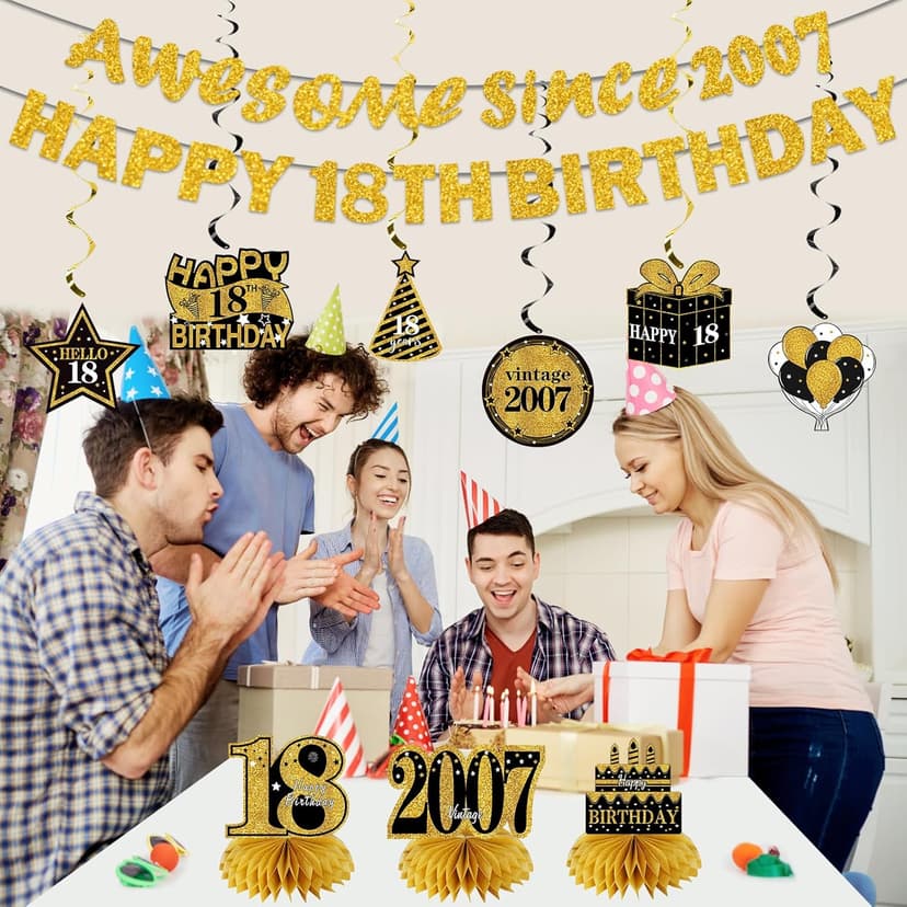 11Pcs 18th Birthday Decorations Kit for Men Women, Black Gold Happy 18th Birthday Banner, Awesome Since 2007 Centerpieces Swirls Party Supplies, Eighteen Bday Banner Ceiling Table Topper Sign