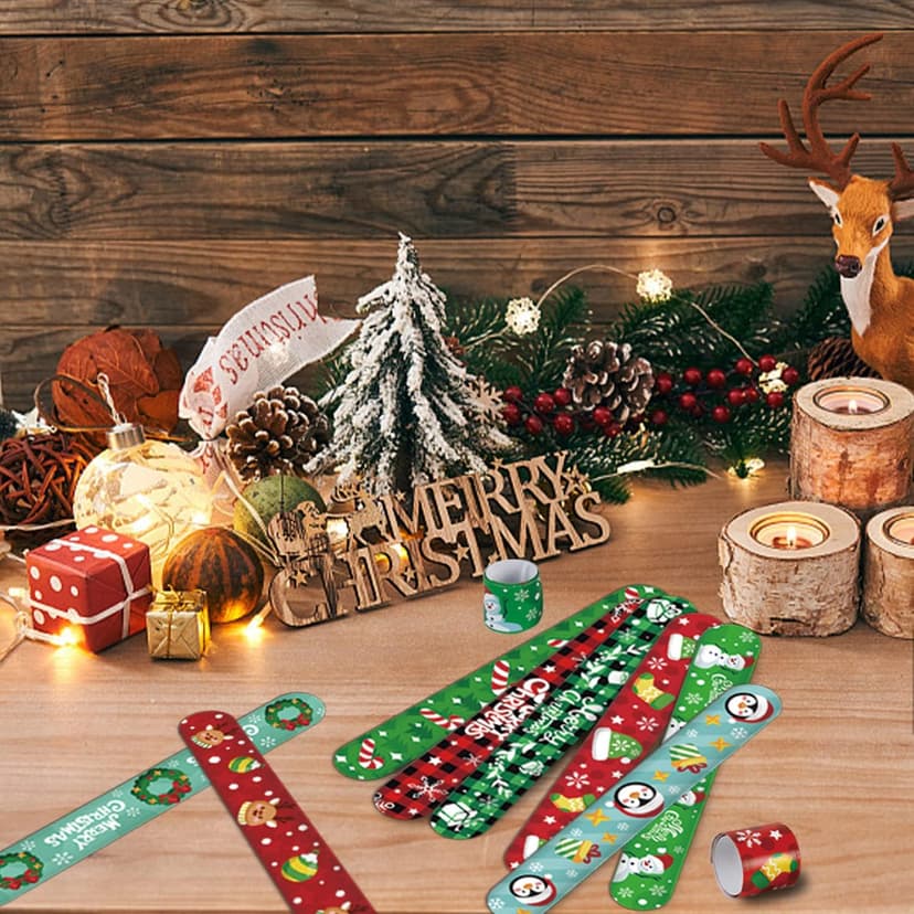 CCINEE 48Pcs Christmas Slap Bracelets，Xmas Slap Wristbands Assorted Pattern Snap Wristbands for Kids Christmas Party Favors Gift Bag Filler
