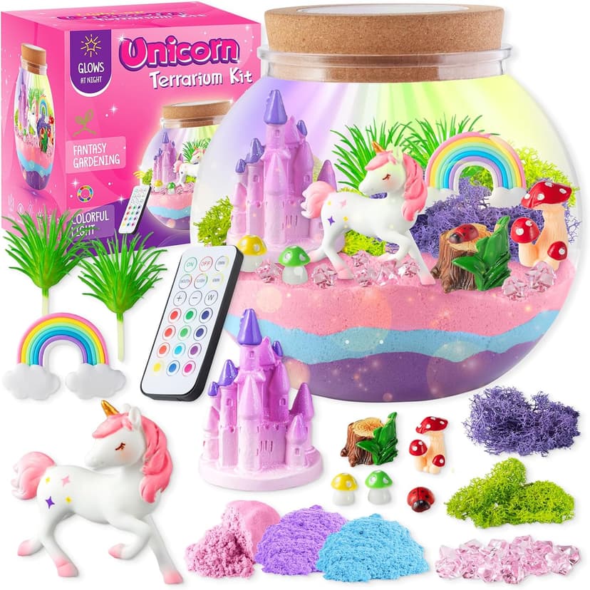 Unicorn Light-Up Terrarium Kit for Kids - LED Night Light Birthday Gift for Girls Ages 4 5 6 7 8-12 Year Old - Unicorn Toys for Girls - DIY Arts and Crafts Kit for Kids
