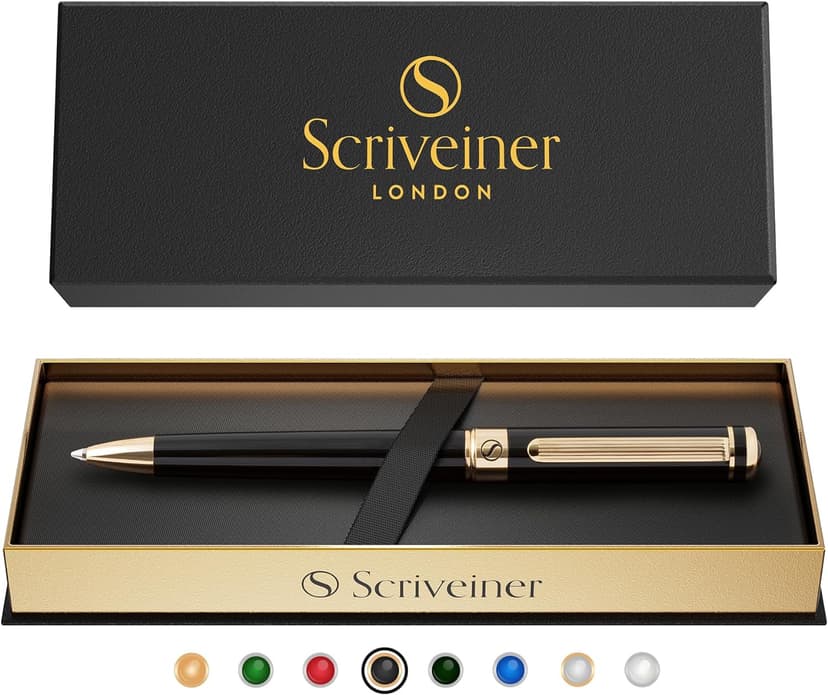 Scriveiner Black Lacquer Ballpoint Pen -Stunning Luxury Pen, Real Gold Plating, Schmidt Black Refill, Best Gift Set for Men & Women, Professional Executive Office, Nice Fancy Designer Pens