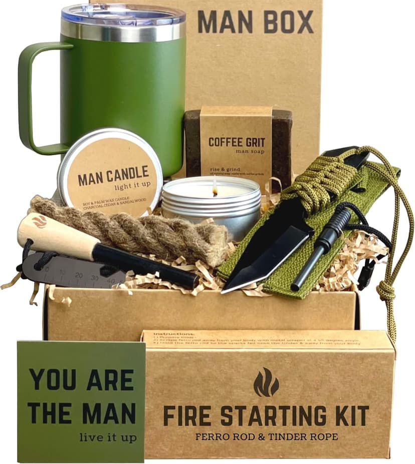 Man Box, Gift Box for Men- Birthday Gifts for Men, Mens Gift Basket, Gifts for Him- Cool Camping Gift Sets for Guys, Son, Brother, Boyfriend, Dad, Husband, Male, Friend