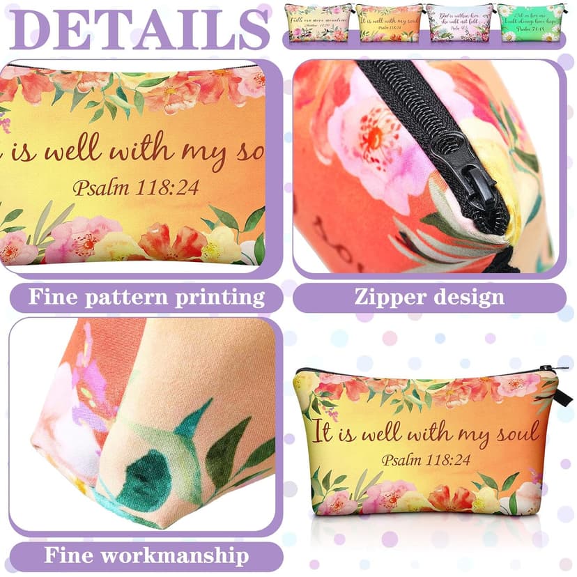 Chunful 12 Pcs Inspirational Christian Gifts Religious Makeup Bags Bulk for Women Bible Verse Flower Cosmetic Bag Thanksgiving Christmas Gift for Church Ladies, 7.48 x 4.72 Inch(Stylish)