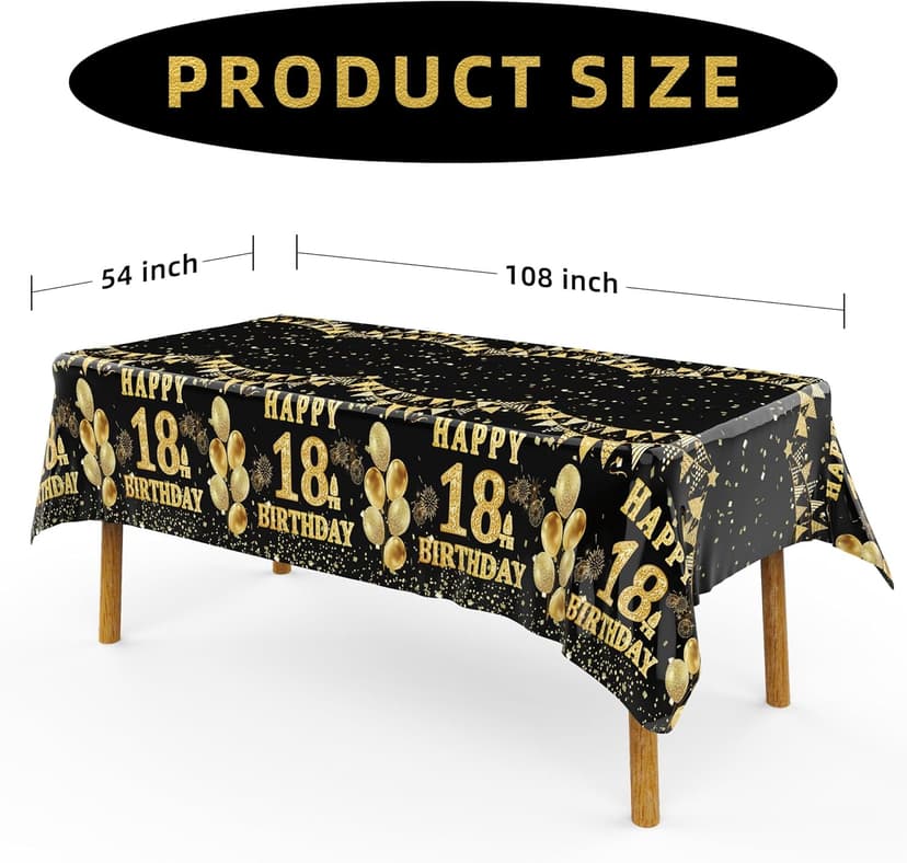Labeol 3 Pack 18th Birthday Tablecloth, Black and Gold Happy 18th Birthday Decorations, Disposable Plastic Rectangular Table Cover Party Supplies for Boys Girls