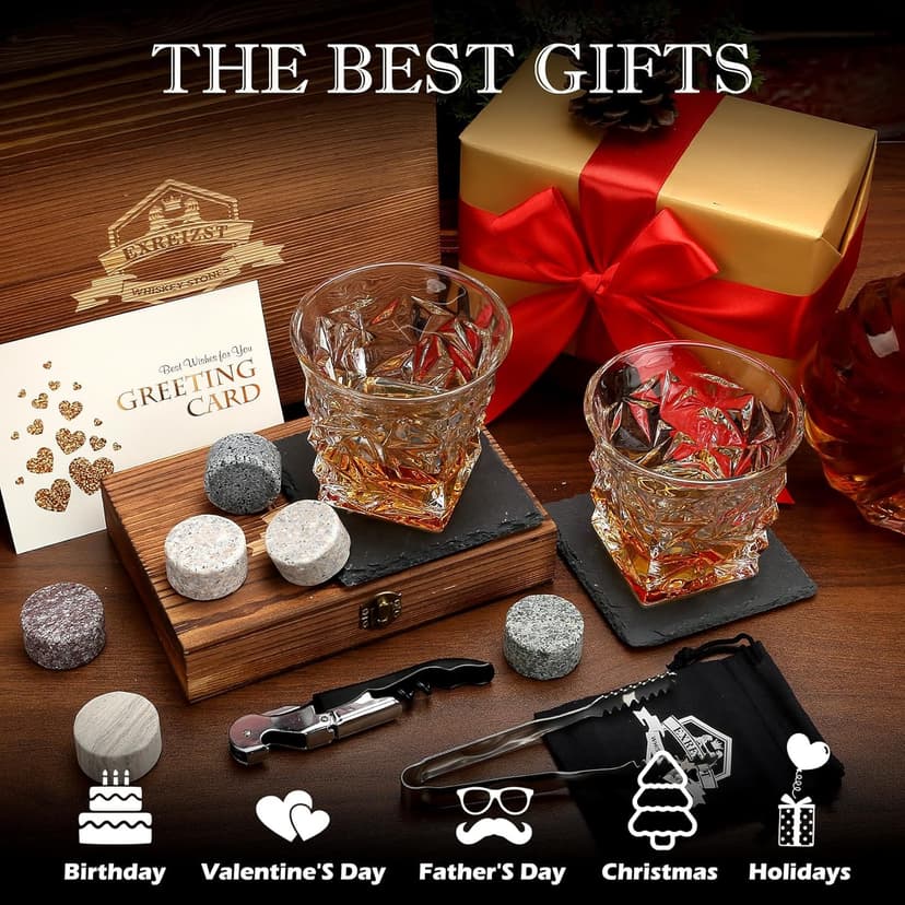 Whiskey Stones Gift Set - Whiskey Glass Set of 2 - Granite Chilling Whiskey Rocks - Scotch Bourbon Whiskey Box Set- Best Drinking Gifts for Men Dad Husband Birthday Party Holiday