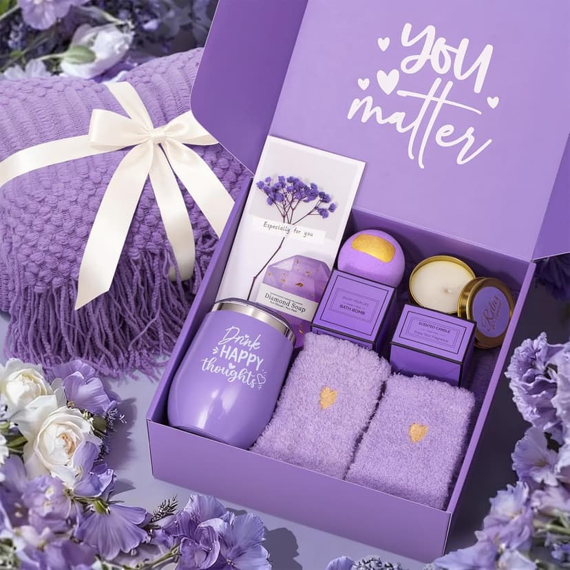 Christmas Gifts for Women, Self Care Get Well Soon Gifts, Lavender Relaxing Spa Gift Basket Care Package w/Blanket, Mothers Day Valentines Birthday Gifts for Mom Grandma Wife Girlfriend Sister Friends