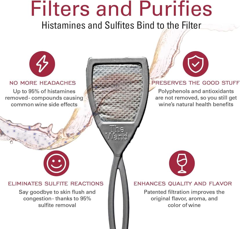 PureWine The Wand Wine Purifier - Red & White Wine Filters for Histamines & Sulfites, Sulfite Remover Sticks, Helps Allergies & Headaches, Gift Accessories for Women & Men - 3 Wands, Silver
