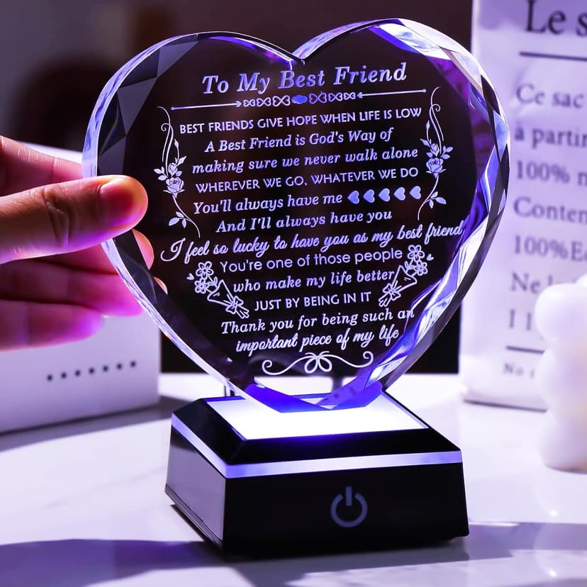 Best Friend Birthday Gifts with Colorful LED Base Crystal to My Best Friend Heart Gifts Friendship Gift for Women for Christmas Female Friend Gift Ideas BFF Gift for Her, Bestie Gifts