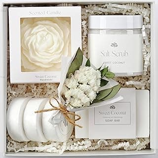 Sweet Coconut Spa Gift Set for Women – Relaxation Gift Basket with Candle, Soap, Salt Scrub & Shower Steamers – Birthday, Thank You, Bridal Shower & Self Care for Mom, Wife, Sister, Friend