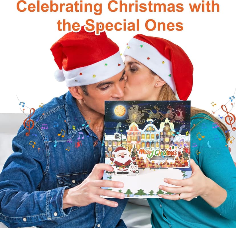Christmas Cards Large Size, 3D Pop Up Merry Christmas Card with Light and Music, Handmade Christmas Gift Card with Envelope, Musical Greeting Card for Kids Son Daughter Husband Wife