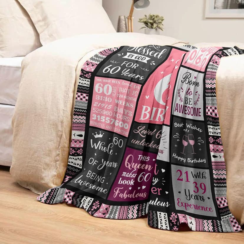 60th Birthday Gifts for Women Throw Blanket 60”X50”, Happy 60th Birthday Decorations Gift Ideas for 60 Year Old Woman, 1965 Bday Gifts for Mom Grandma