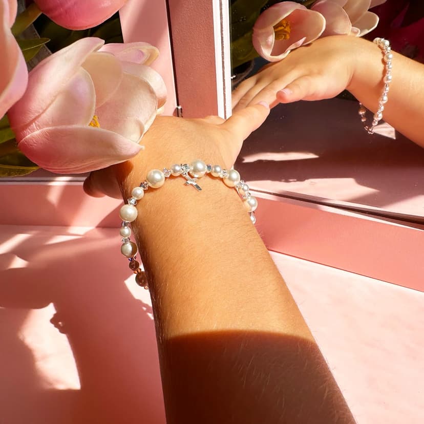 Baby Crystals Pearl Bracelets for Girls, Sterling Silver Cross Charm, Baptism Gifts for Girl, Baby Bracelet with Simulated White Pearls and Crystals, Girls Jewelry Birthday Gift