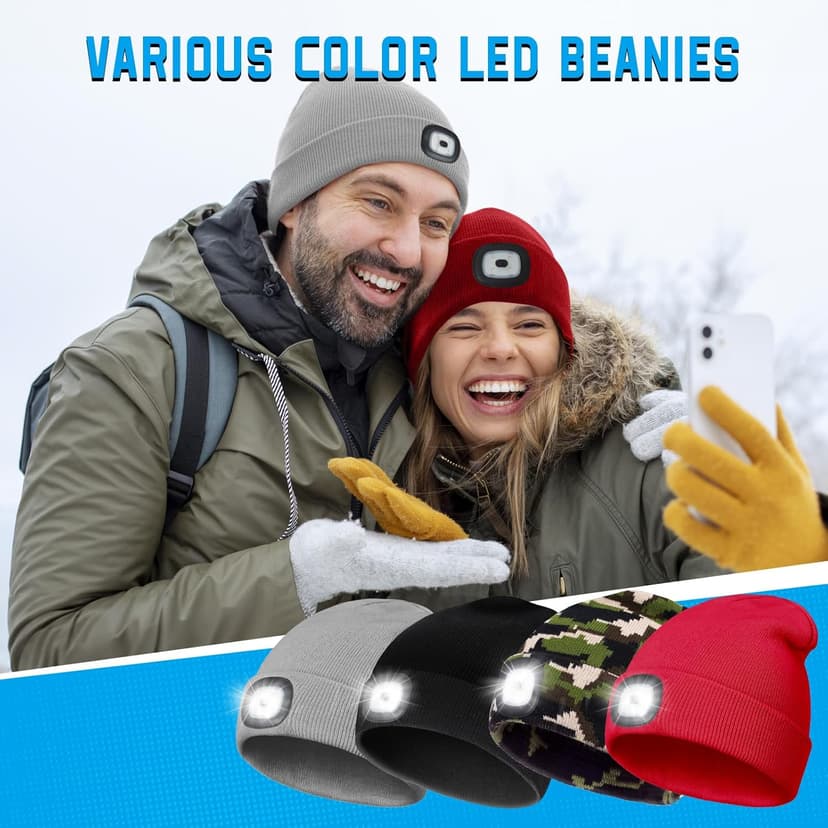 Christmas Stocking Stuffers for Men Adults, Beanie Hats with Light, USB Rechargeable LED Hand Free Headlamp, Birthday Gifts for Men, Women, and Teens, Ideal for Camping, Hiking, Red