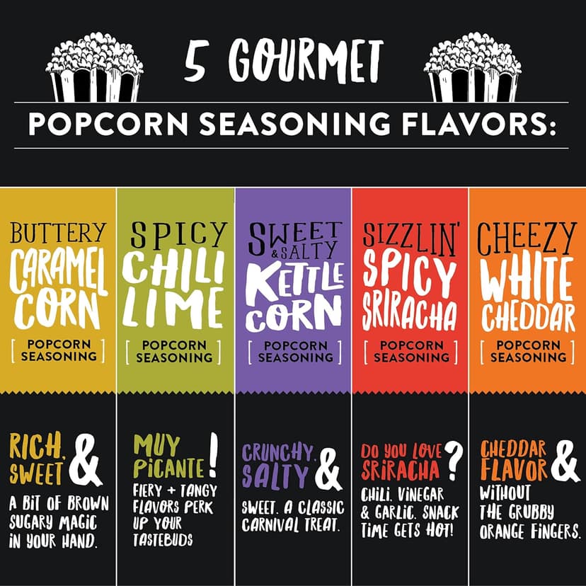 Urban Accents MOVIE NIGHT Popcorn Kernels and Popcorn Seasoning Variety Pack (set of 8) - 3 Non-GMO Popcorn Kernel Packs and 5 Gourmet Popcorn Snack Seasoning