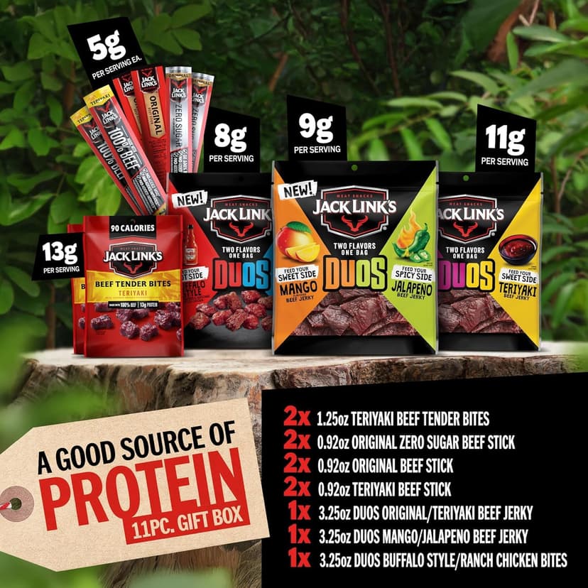 Jack Link’s DUOs Gift Box – Includes Beef Jerky, Chicken & Tender Bites, & Sticks, Great Protein Gifts for Dad, Men or Meat Lovers, Ideal for Holidays & More – 11-Piece Beast Snack Variety Pack