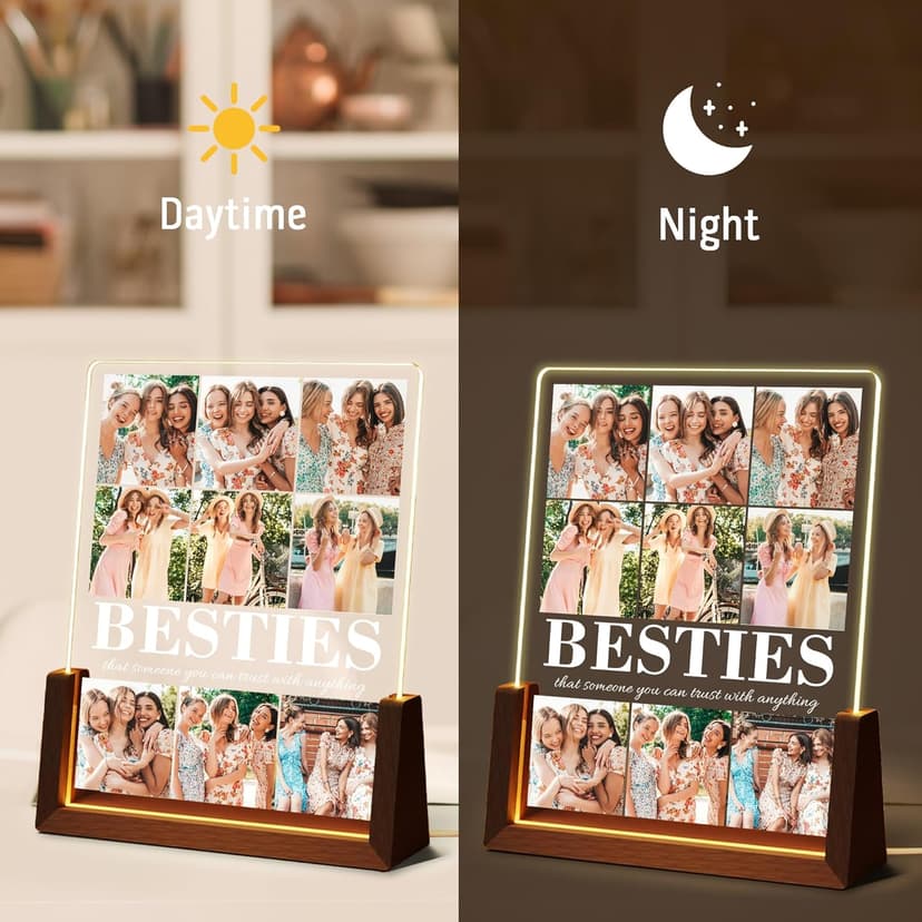 Personalized Best Friend Birthday Gifts for Women, Custom Acrylic Plaque Printed Walnut Picture Frame With LED Night Light, Personalized Christmas Gifts for Friendship, Friend, Women, Besties, BFF