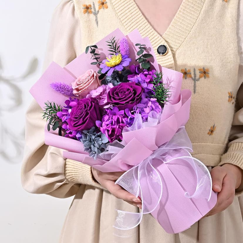 Waipfaru Preserved Flowers, Purple Fresh Bouquet with Gift Box, Flowers for Delivery, That Last 1-3 Years, Forever Flowers for Women Birthday Gift, Anniversary, Teacher, Mother Day