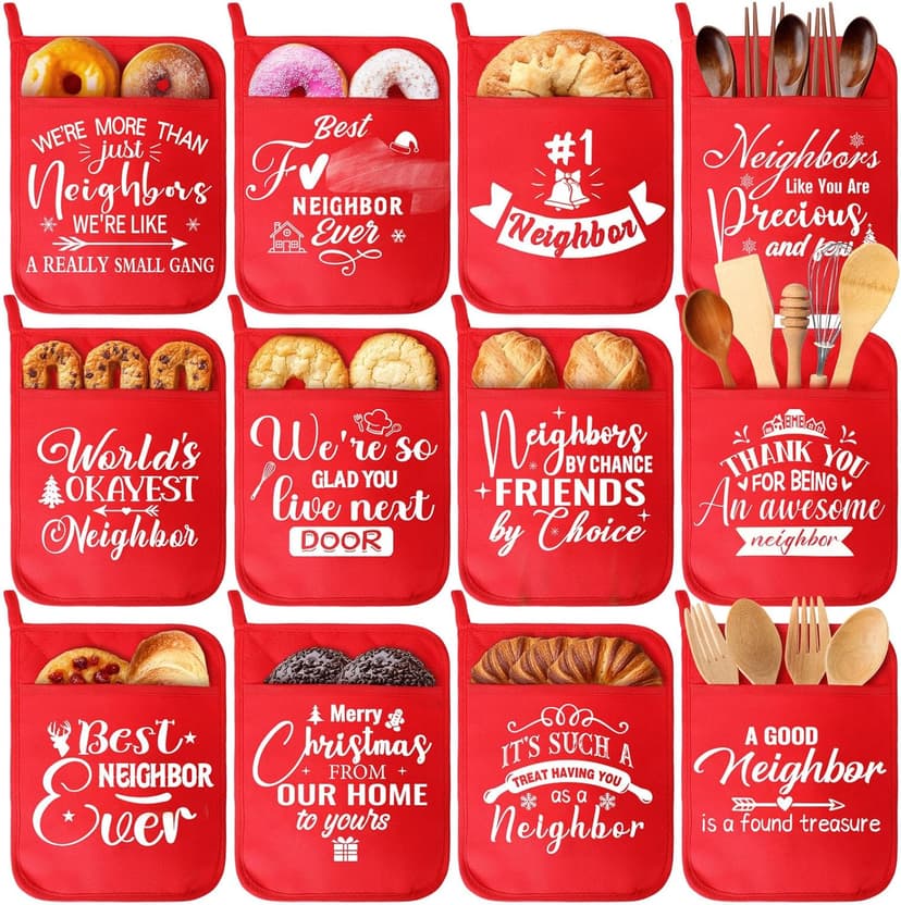 12 Pcs Christmas Neighbor Gifts Red Potholders with Pocket Pad Oven Hot Mitts Cookie Bag Pot Holder Christmas Kitchen Gift Cooking Baking for Neighbor Gift Housewarming Idea