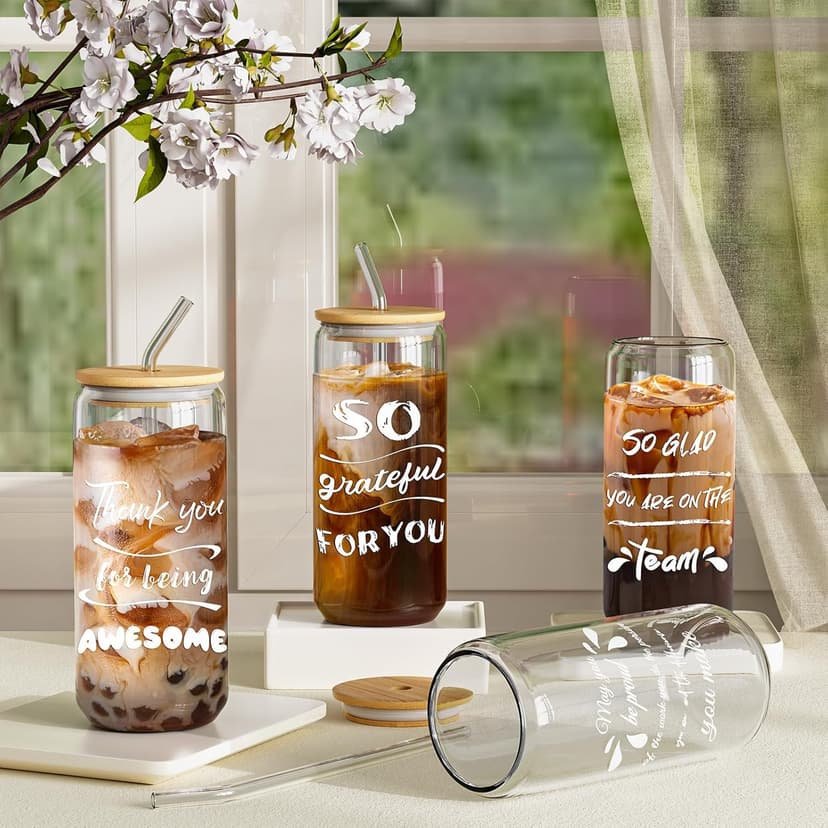 12 Set Employee Appreciation Gifts, Inspirational Thank You Gift for Team, Teacher, Nurse, Coworkers, Employees, Staff - Employee Christmas Gifts, 20oz Glass Cups with Lids and Straws (Mixed)