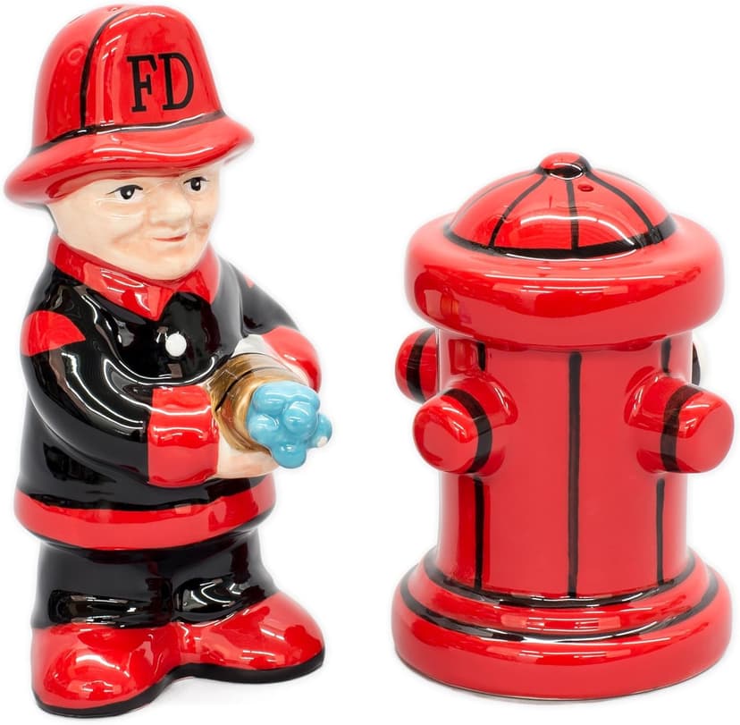 Fireman with Hose and Hydrant 4 Inch Ceramic Magnetic Salt and Pepper Shaker Set Novelty Gift