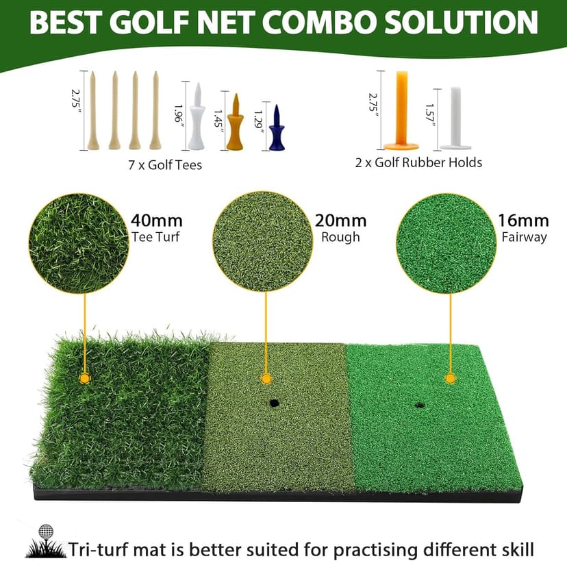 Golf Net, 10x7 Ft Practice Hitting Golf Net with Tri-Turf Mat, Ball, Tee, and Carring Bag, All-in-One Multi-Target Training Aid for Outdoor/Indoor Chipping & Driving, Ideal Gift for Men/Enthusiasts