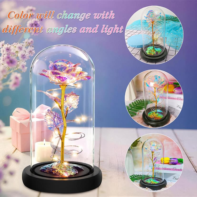 Childom Birthday Gifts for Women,Flowers for Delivery Prime,Colorful Rainbow Light Up Rose in A Glass Dome,Christmas Rose Gifts for Her Mom Women Wife Girl Grandma on Christmas Anniversary Valentines