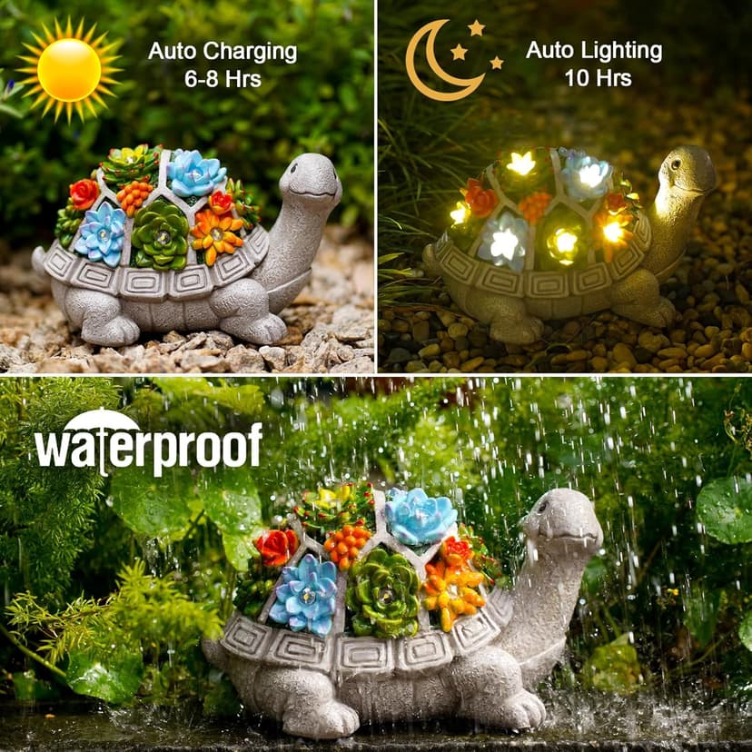 Nacome Solar Garden Outdoor Statues Turtle with Succulent and 7 LED Lights - Lawn Decor Tortoise Statue for Patio, Balcony, Yard Ornament - Unique Housewarming Gifts
