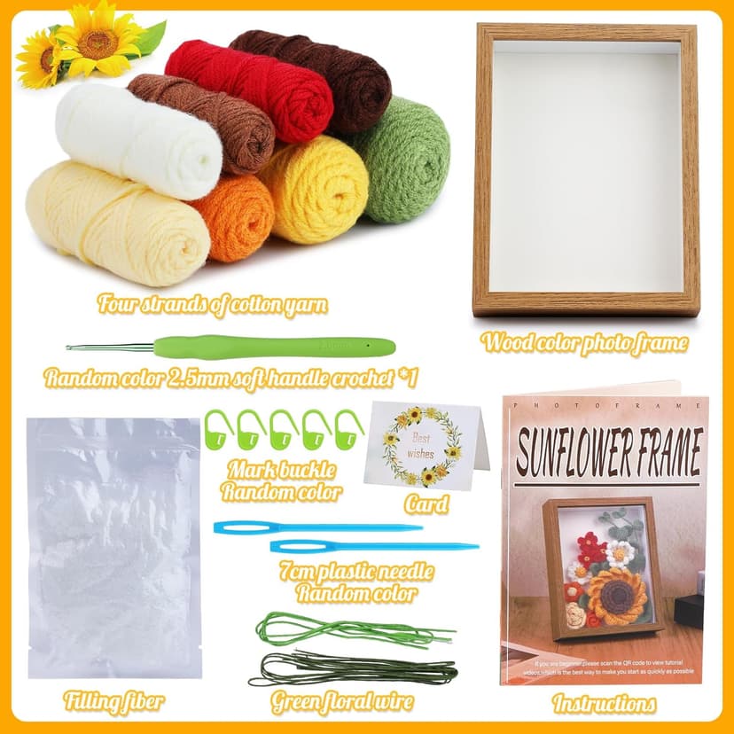 IMZAY Sunflower Crochet Kit with Photo Frame, Sunflower Knitting Weaving Set with Yarn, Hooks, Instruction, Stitching Markers, Fiber Fill, Floral Wire, Crochet Set for Mother's Day, Thanksgiving Day