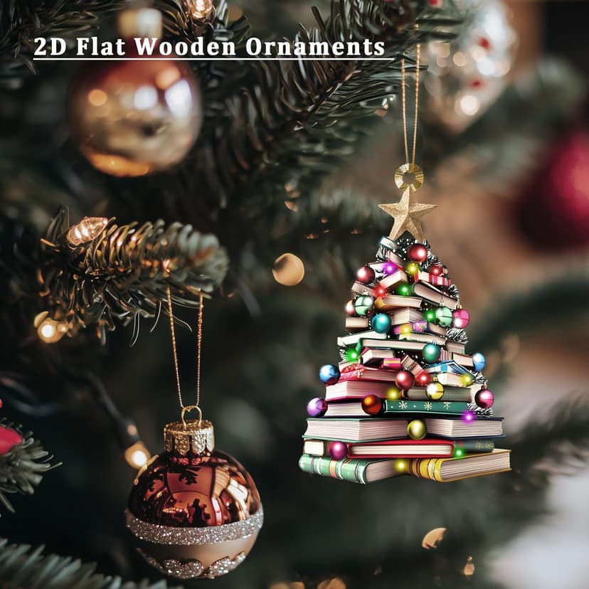2D Flat Christmas Book Tree Ornament, Book Lover Gift, Bookworm Gifts, Book Christmas Tree Hanging 2025, Wooden Hanging Christmas Gift, Book Club Ornament, 4.7 inch, Pack of 2 (Not 3D)