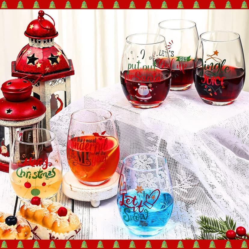 Funtery 6 Pcs Christmas wine Stemless Glass Funny Christmas Gift Set for Teacher Men Women Family Friend Coworker, Gift Ideal Birthday Wedding Party Supplies(Classic Style)