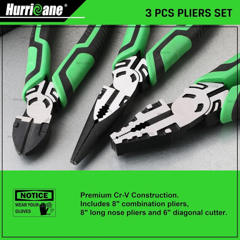 HURRICANE 3-Piece Pliers Set - Heavy-Duty with 8-Inch Linesman, Needle Nose Pliers and 6-Inch Diagonal Cutters for Basic Repair