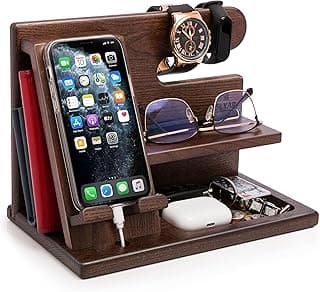 TESLYAR Wood Phone Docking Station for Men - Desktop or Nightstand Organizer - Birthday Gifts for Men, Dad - Anniversary Idea from Wife - Key Holder, Stand Wallet, Watch & Essentials (Bourbon Brown)