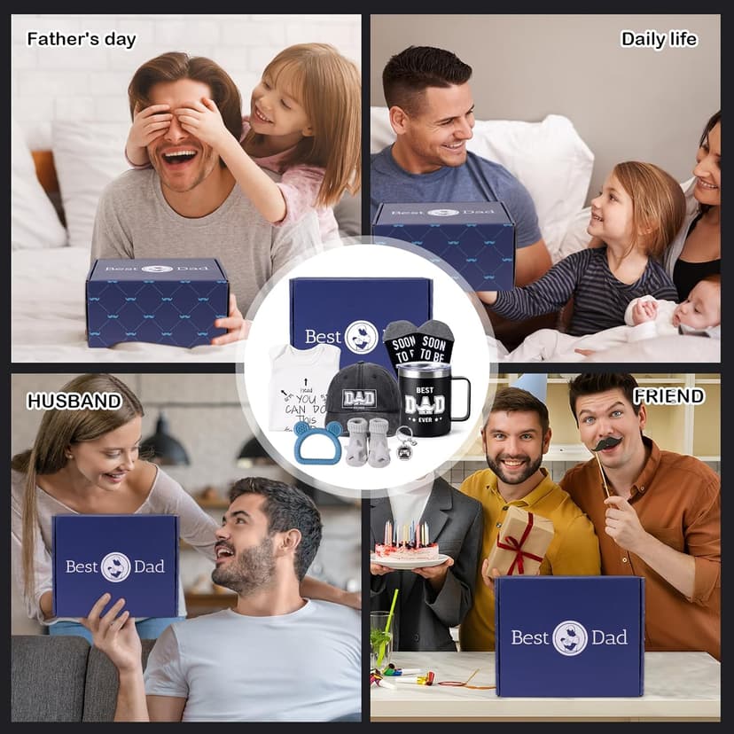 New Dad Gifts Box, 9 Pcs First Time Dad Gifts, Dad to Be Gifts for 1st Time with Tumbler Hat Onesie Socks Keychain for Baby Shower，Unique Kit for Soon to Be or Expecting Father