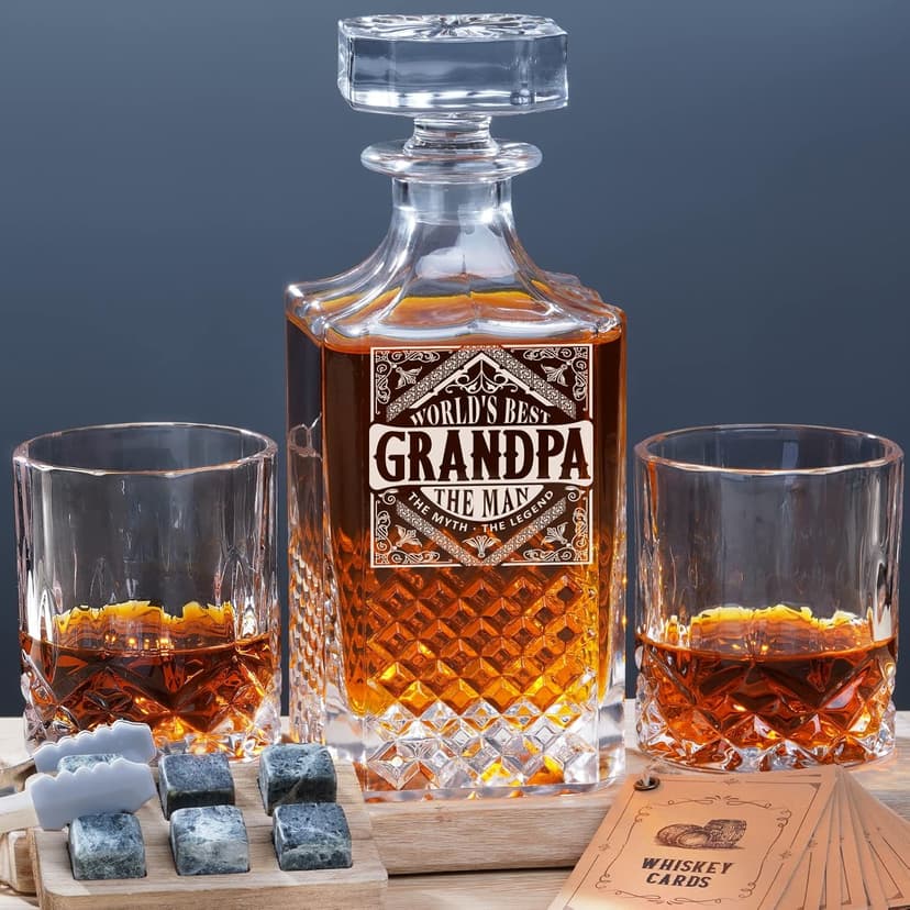 PONPUR Gifts for Grandpa Papa, Whiskey Decanter Set for Grandfather, Unique Grandpa Birthday Gift from Granddaughter Grandson, Best Christmas Retirement Presents for Whisky Scotch Bourbon Lovers