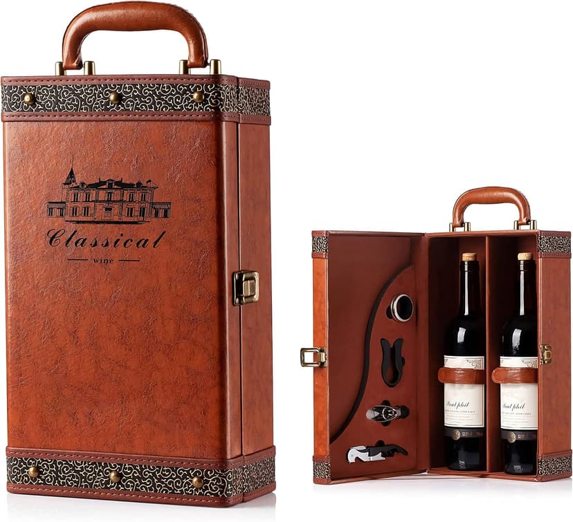 Wine Gift Box with 4 Wine Accessories Set,Portable Two Bottle Wine Carrier Case for Christmas,Wedding, Anniversary, Party,Vintage Leather Wine Storage Box for Home Bar Decor and Wine Collection