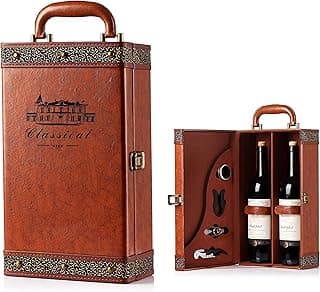 Wine Gift Box with 4 Wine Accessories Set,Portable Two Bottle Wine Carrier Case for Christmas,Wedding, Anniversary, Party,Vintage Leather Wine Storage Box for Home Bar Decor and Wine Collection