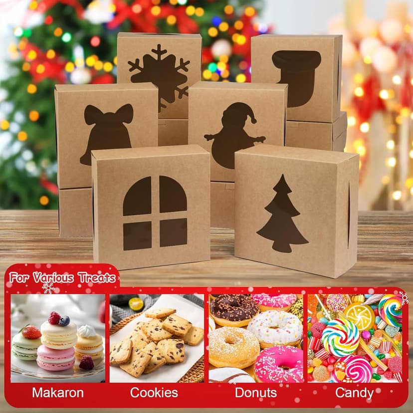 12 PCS Christmas Cookie Boxes, 6×6×3 Inches Treat Boxes Tin, Small Pastry Boxes with Window, for Gift Giving Packaging Dessert Bakery Cupcake Baked Goods (Brown)