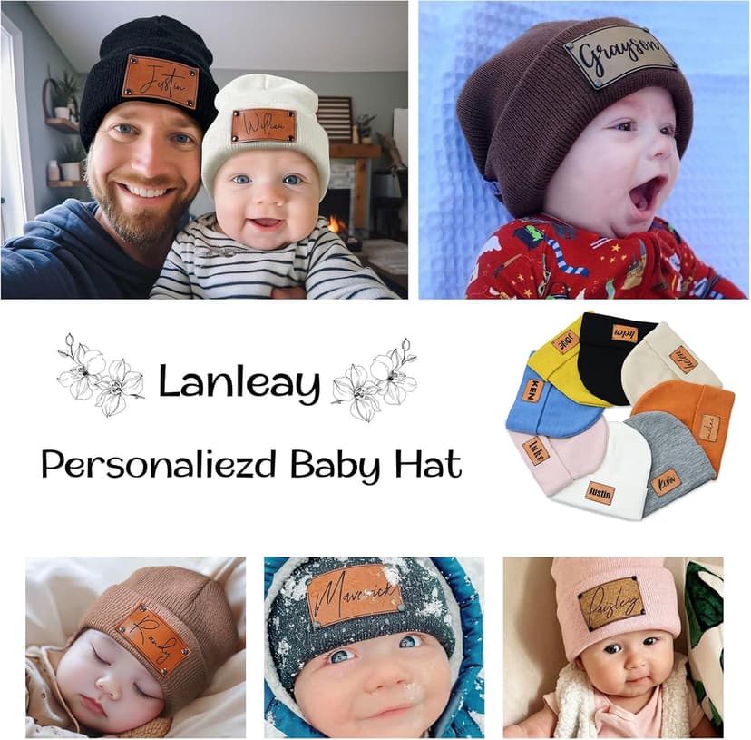 Custom Toddler Baby Beanies, Mama Mini Matching Hats, Leather Patch Baby Knit Hats, Winter Beanies for Infant, Kids Adults