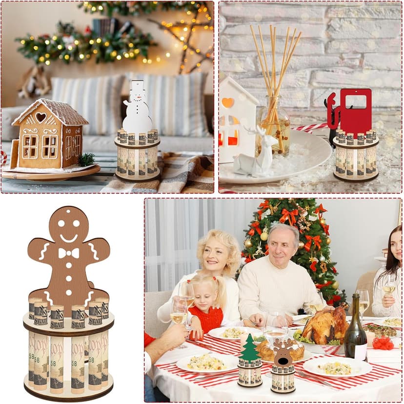 Kigley 5 Pieces Christmas Money Holder Ornaments with 10 Holes Handmade Wooden Christmas Cash Holders, Money Holder Xmas Ornaments Holiday Table Decorations(Assorted Style)