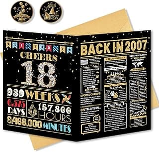 18th Birthday Card, 18th Birthday Decorations for Girls Boys, 18th Birthday Gifts for Son Daughter, Back in 2007 Birthday Card, Black Gold